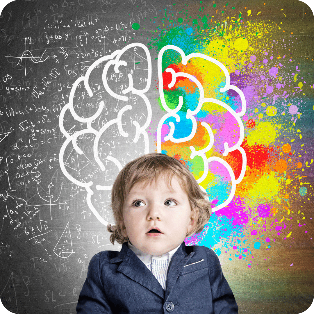 enfant avec fond montrant un dessin d'un cerveau dont la moitié est très colorée